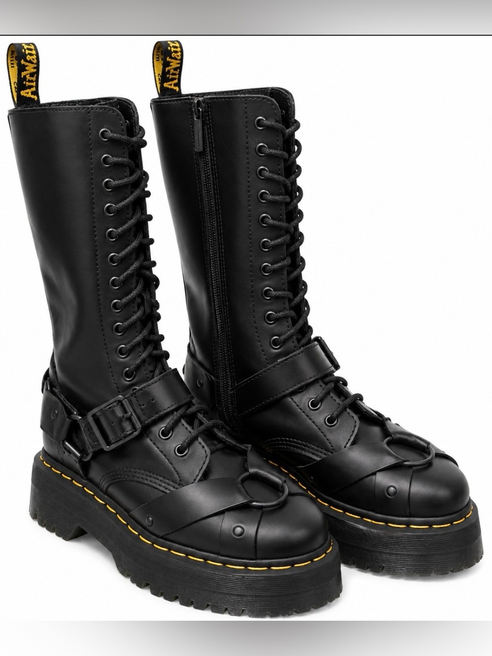 Dr. Martens Black Leather Lace-Up Platform Boots with Yellow Stitching size US 8